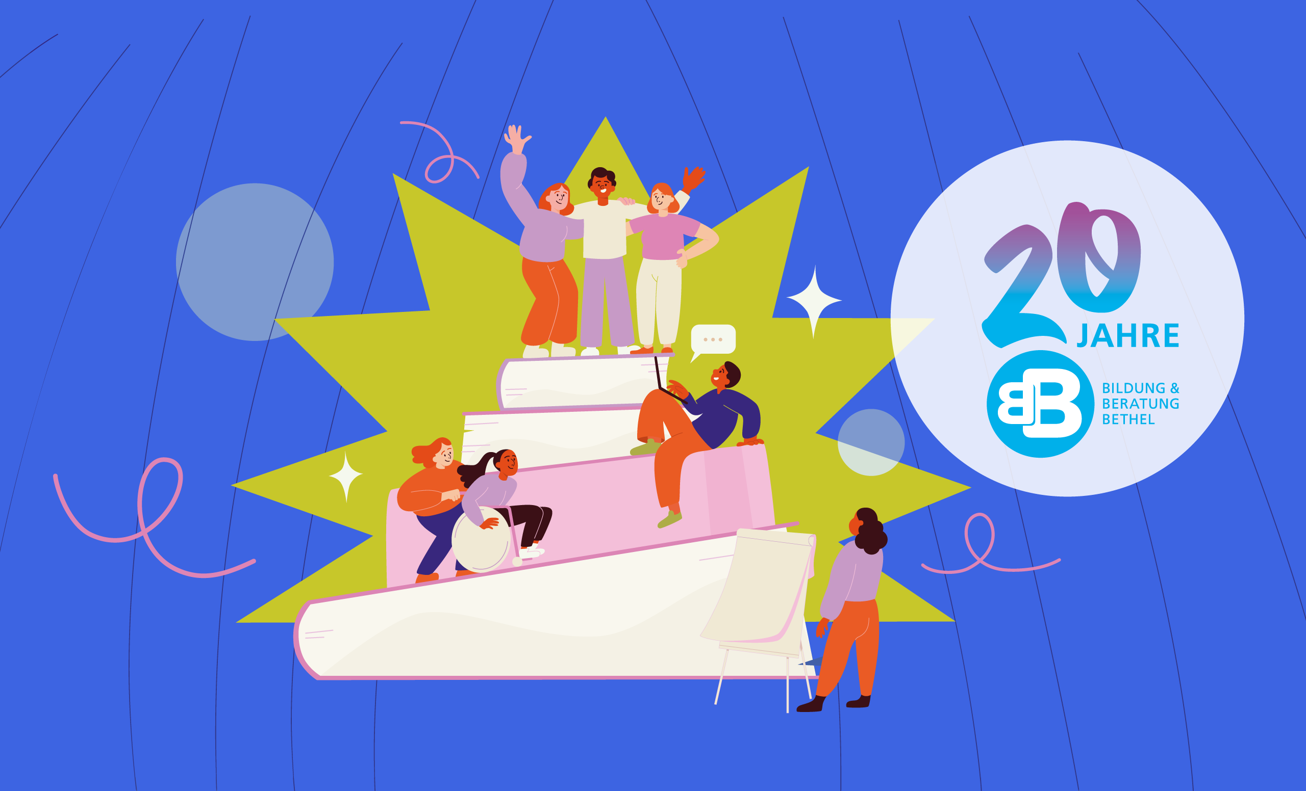 B&BB - das Weiterbildungsinstitut Bildung & Beratung Bethel - einen junge Frau steht in der Position des Fliegers vor der Bethel-Skyline. Im Hintergrund zeigt ein Mann den Daumen hoch = okay!